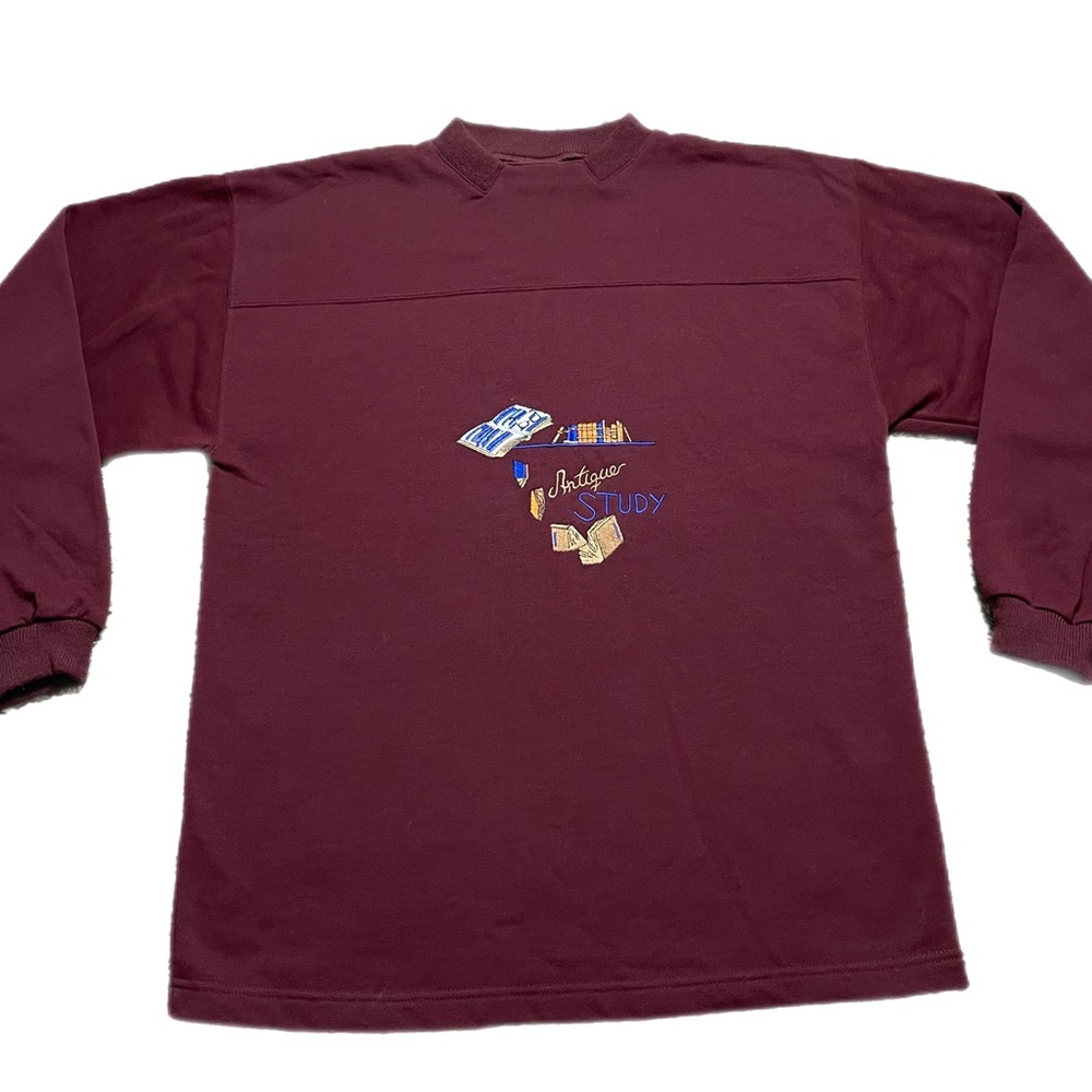 VTG Antique Study Embroidered Burgundy Crewneck‎ Oversized Sweatshirt M/L Preppy